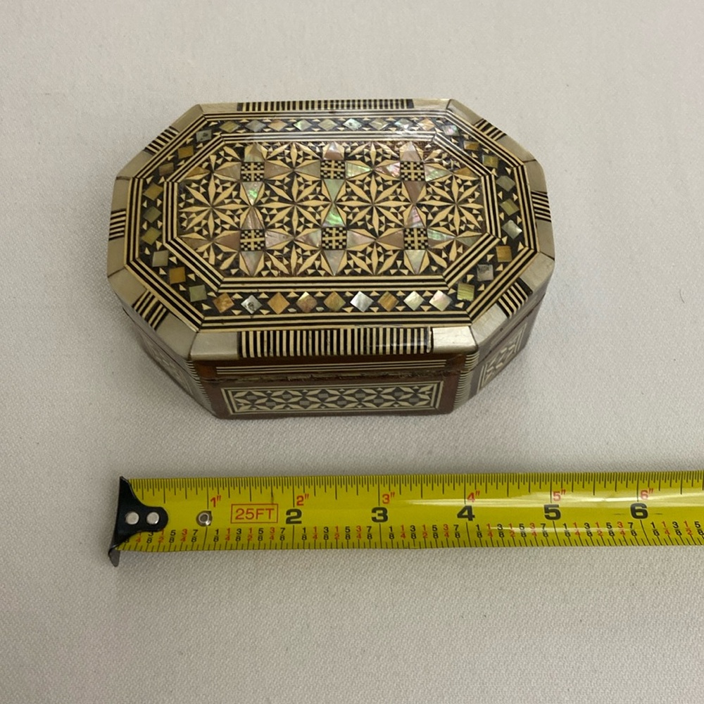Moroccan Wood and Mother Of Pearl Inlay Trinket Jewelry Box Red Interior